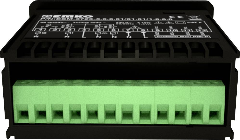 Connecteur électrique noir avec un bornier vert, dix bornes de connexion visibles à l'avant. Numéros et symboles illustrés en haut.