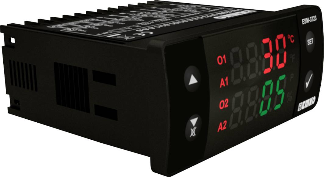 Régulateur de température numérique avec affichage à LED rouge et verte. Le chiffre rouge indique 30°C, le chiffre vert indique 85. L'appareil dispose de touches de réglage.