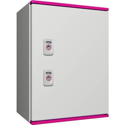 Un boîtier gris avec des bords roses, deux portes munies de verrous.
