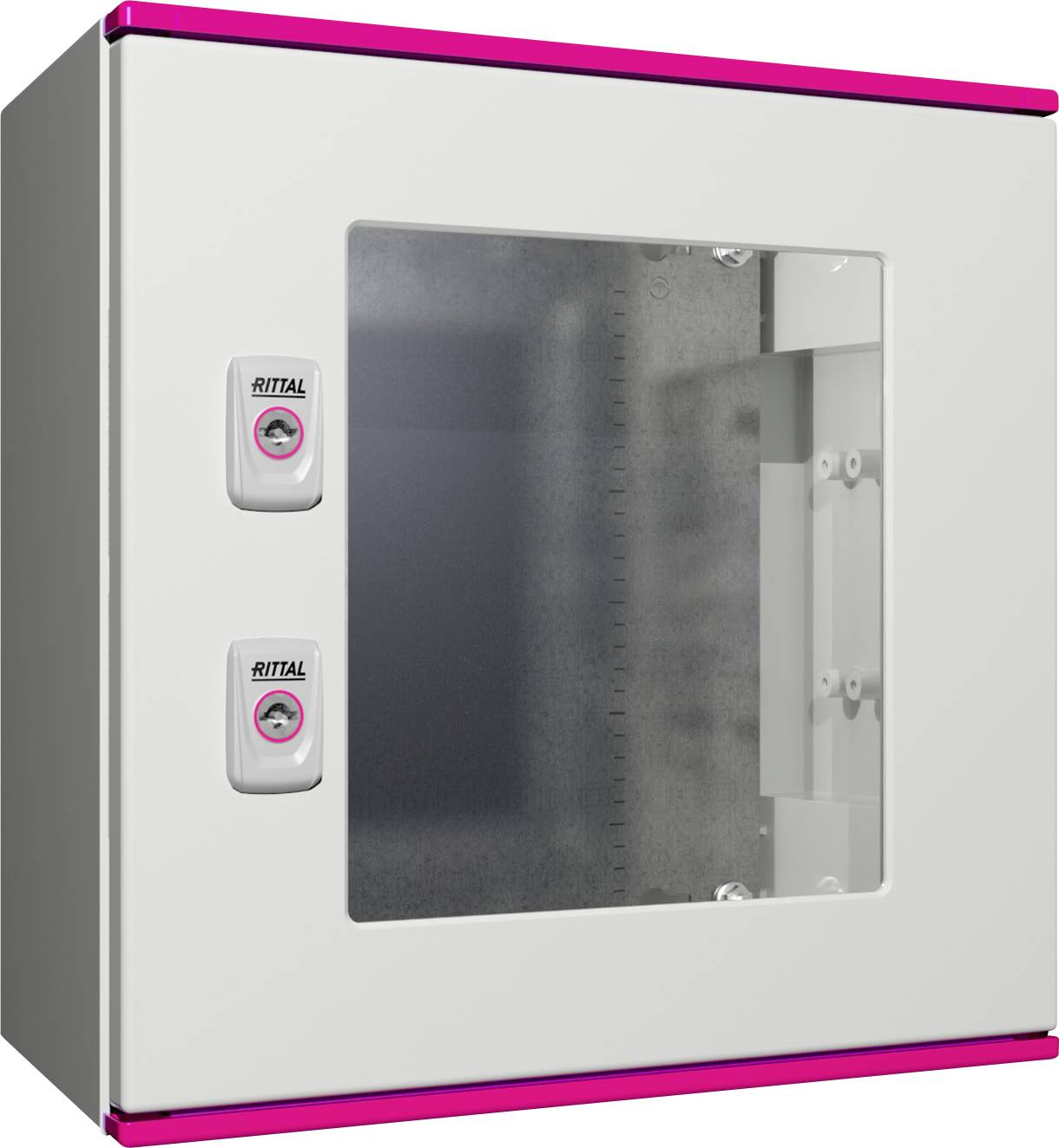 Armoire industrielle gris et blanc avec porte vitrée, deux verrous, et bordures roses, probablement destinée au rangement d'équipements techniques.