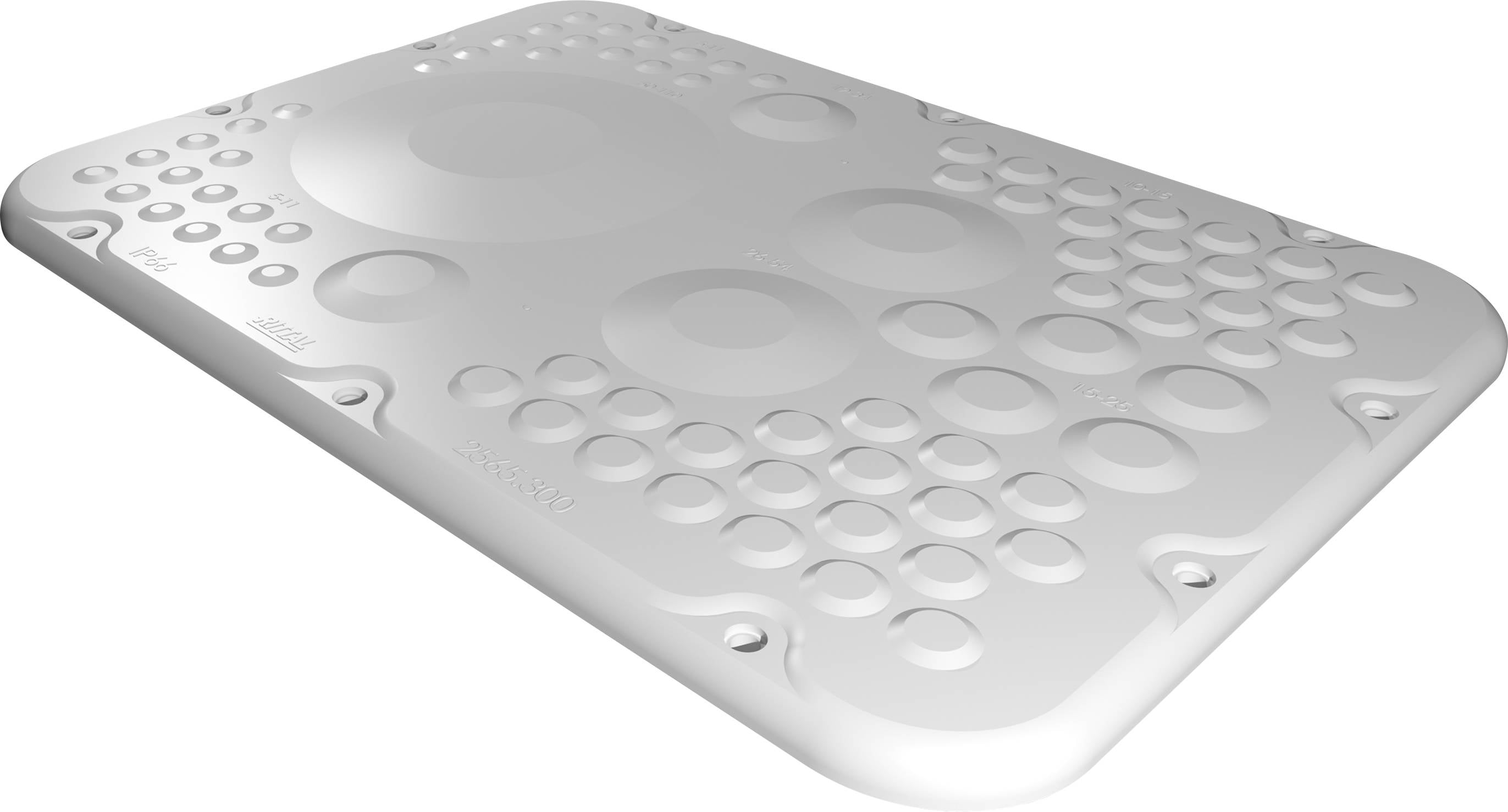 Une structure blanche rectangulaire avec des motifs circulaires en relief sur sa surface, probablement conçue comme un système de guidage tactile pour personnes malvoyantes.