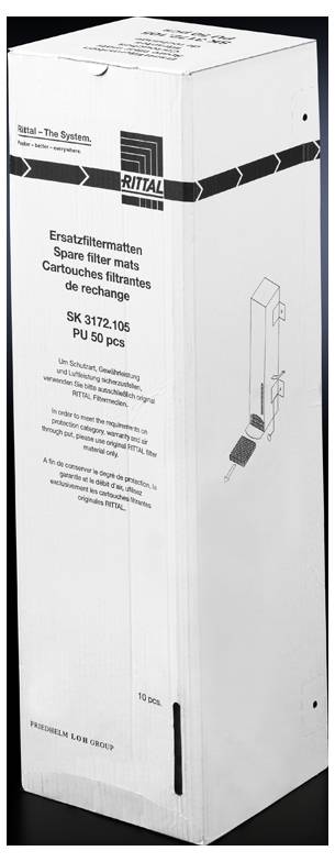 Un carton portant l'inscription « Filtres de rechange » et des informations sur le produit. Logo du fabricant en haut, Réf. SK 3172.106, Contenu : 50 pièces.