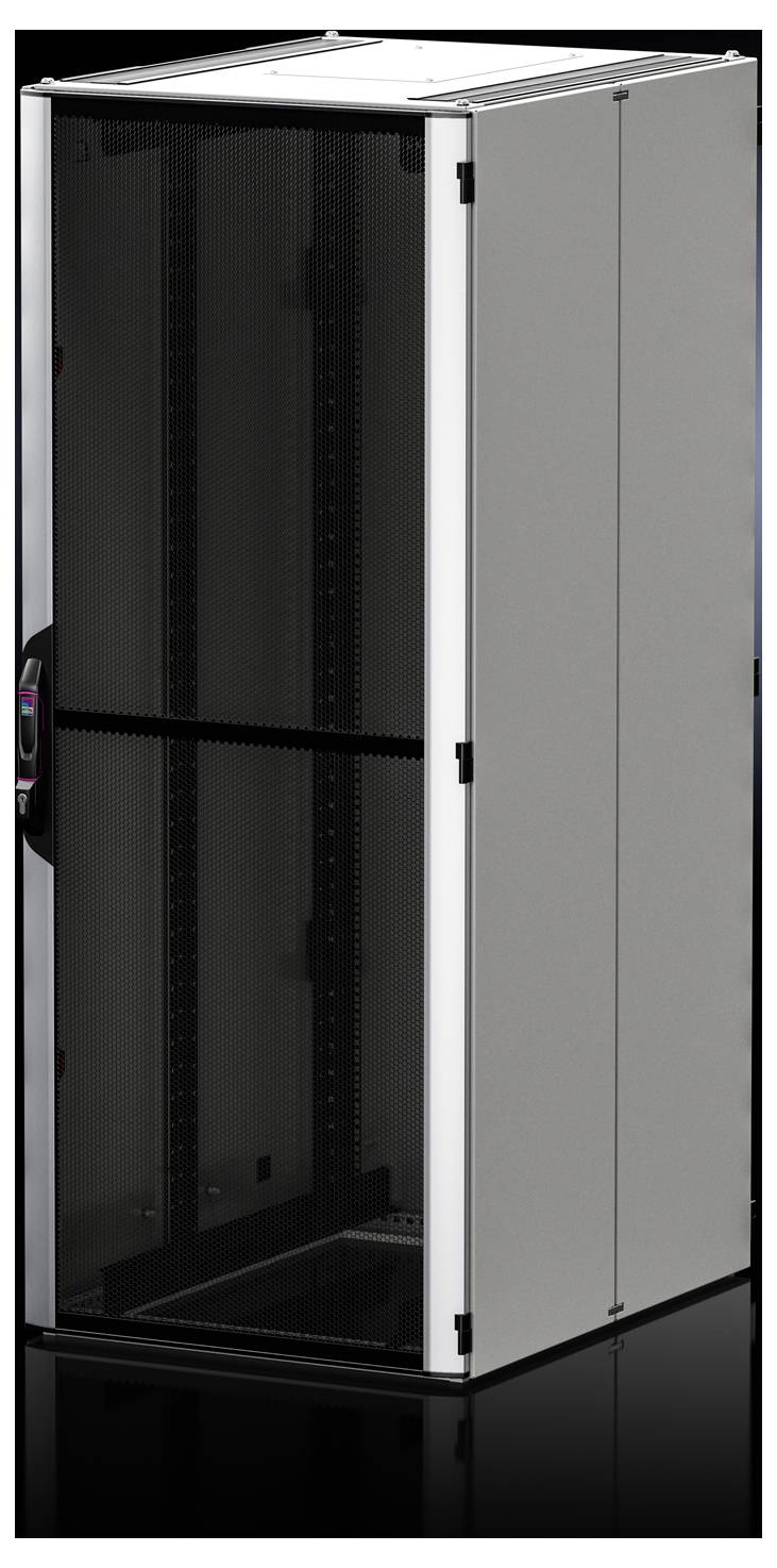 Une armoire de serveur grise avec une porte vitrée, debout sur un sol noir, adaptée pour l'équipement informatique ou les technologies réseau.