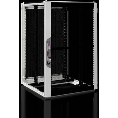 Un rack serveur noir vide avec des portes transparentes est installé dans une pièce. Adapté pour héberger des équipements informatiques et des câbles.