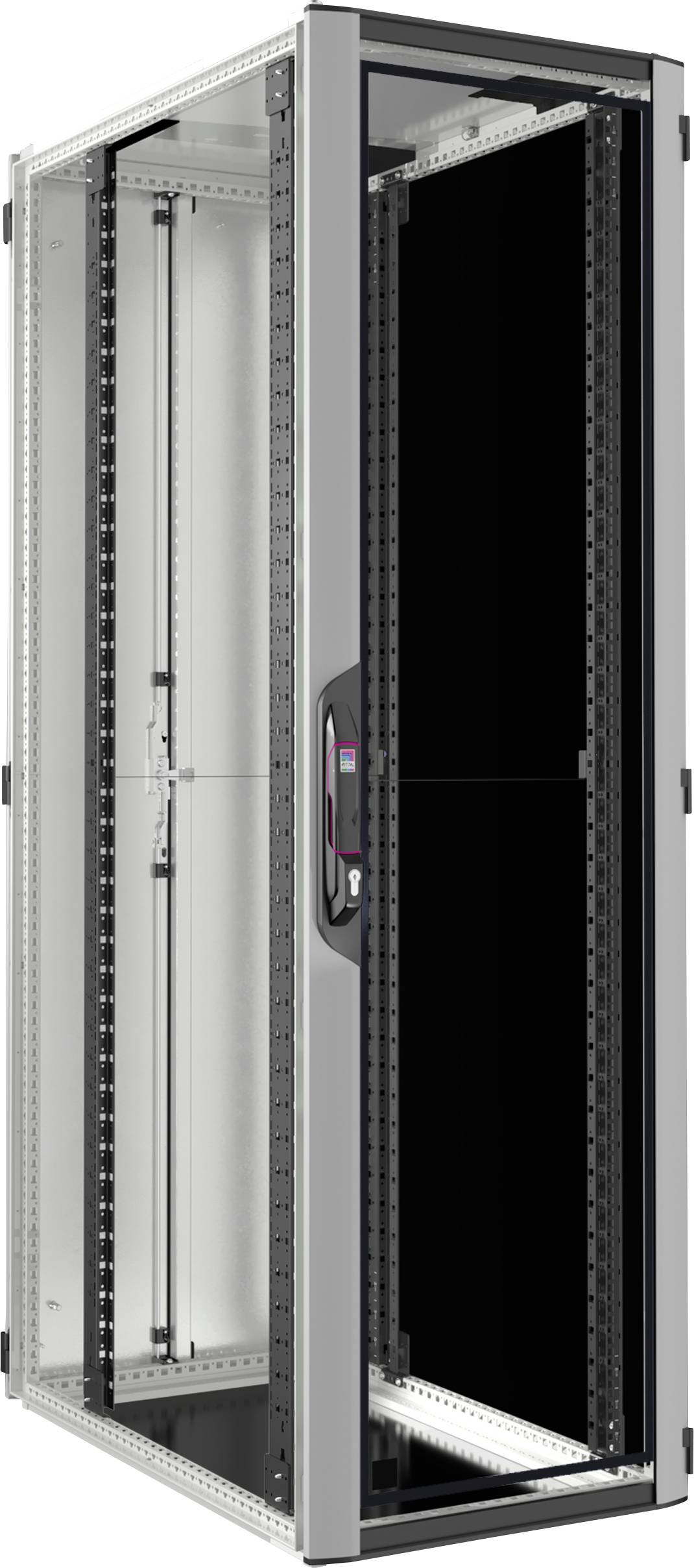 Un armoire de baie serveur 19 pouces ouvert et vide, en noir et argent, avec une porte en verre et des profilés de support pour équipements électroniques.