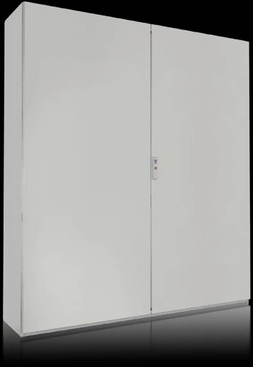 Grande armoire blanche rectangulaire en métal avec deux portes verticales et une petite poignée au centre.