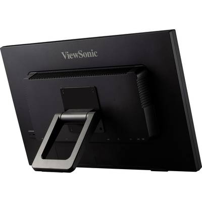 Vue arrière d'un moniteur noir ViewSonic, montrant le socle et les orifices de ventilation en haut de l'appareil.