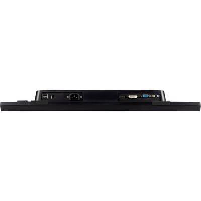 Arrière d'un moniteur avec différentes connexions : alimentation électrique, USB, VGA, DVI, HDMI, ports audio.