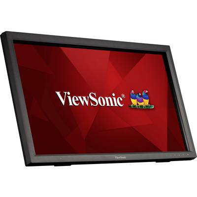 Un moniteur noir ViewSonic avec un fond rouge et le logo ViewSonic comprenant trois oiseaux colorés.