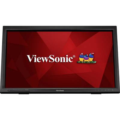 Un moniteur noir avec le logo ViewSonic sur un fond géométrique rouge. Trois oiseaux colorés sont représentés sur le logo.