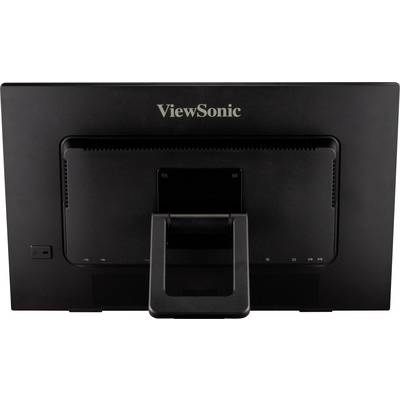 Moniteur ViewSonic vu de dos, montrant le support et les ports de connexion.