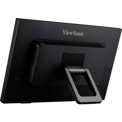 Un moniteur noir vu de dos avec un support rectangulaire stable ; la marque ViewSonic est visible en haut.