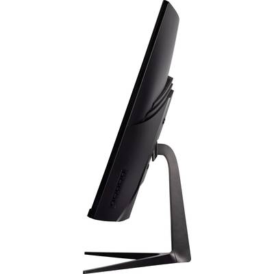 Vue unilatérale d'un écran d'ordinateur plat sur un support incurvé. L'écran est fin et au design moderne.