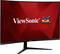 Un écran incurvé de la marque ViewSonic avec un arrière-plan rouge et le logo de trois oiseaux colorés sur le côté droit.