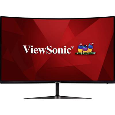 Un écran d'ordinateur affiche le logo de ViewSonic avec trois oiseaux colorés sur un fond rouge.