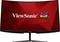 Un moniteur incurvé affiche le logo 'ViewSonic' et des oiseaux colorés sur un fond rouge géométrique.