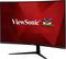 Un écran ViewSonic incurvé avec un fond rouge et trois oiseaux colorés à côté du logo 'ViewSonic'.