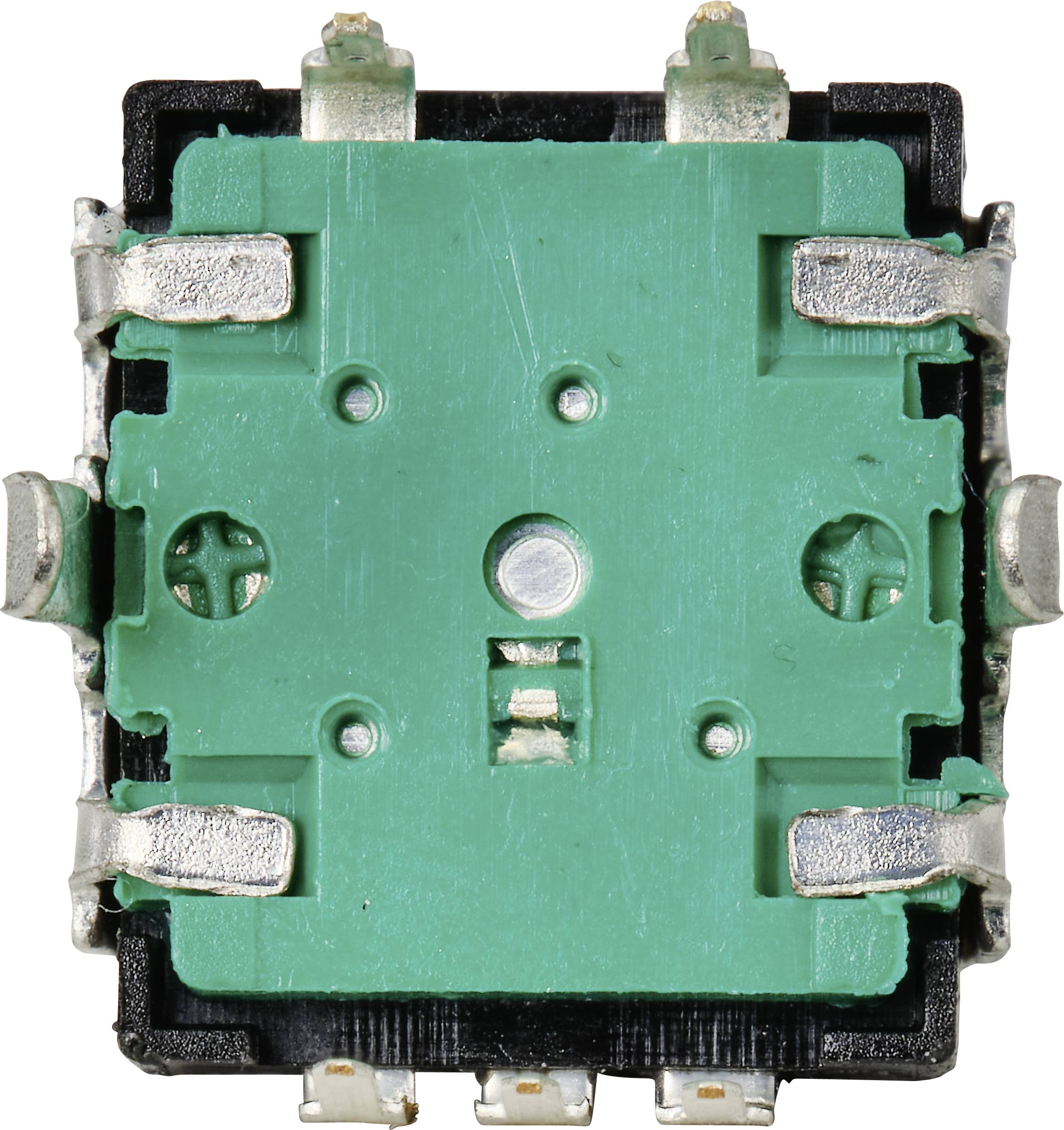 Bouton-poussoir vert avec contacts métalliques et boîtier noir, vu de dessus.