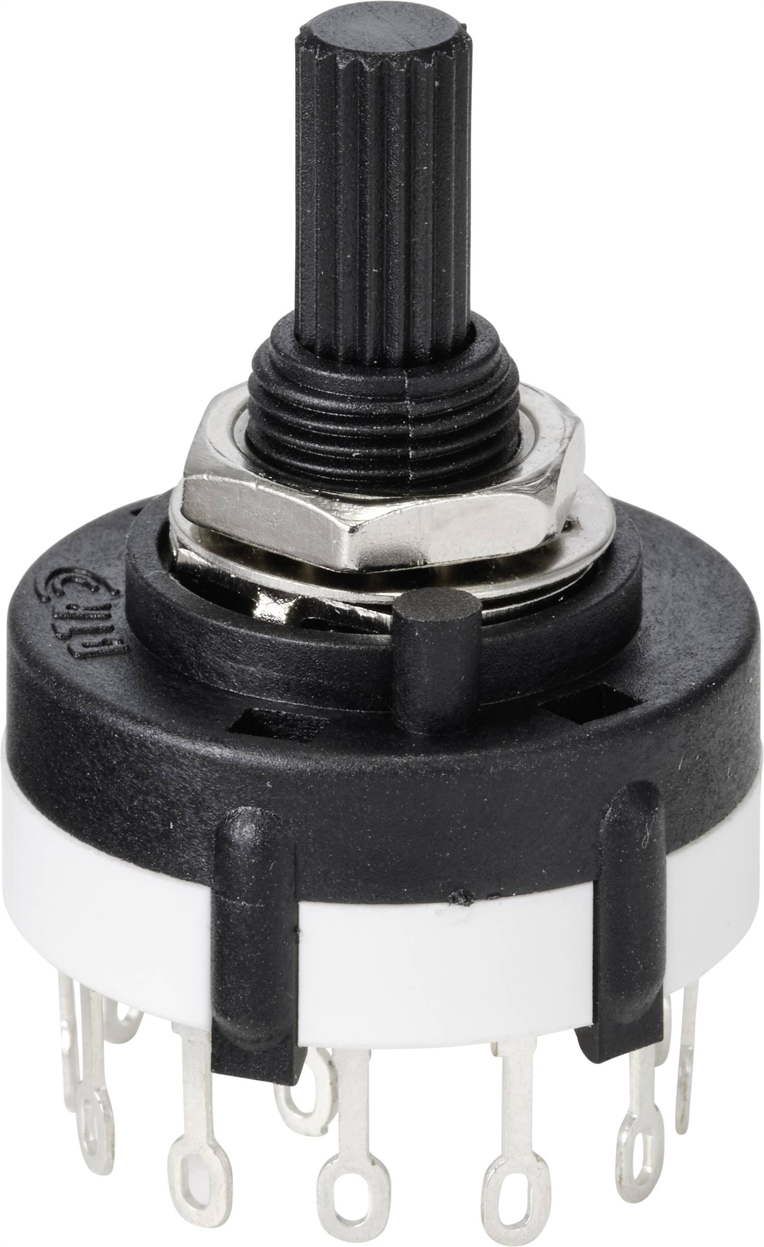 Commutateur rotatif à plusieurs broches métalliques et bouton de commande noir sur fond blanc. Principalement utilisé pour les commandes électroniques.