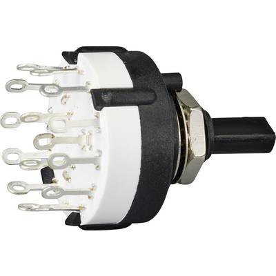 Un commutateur rotatif rond, multipolaire, noir avec plusieurs contacts de connexion à l'arrière.