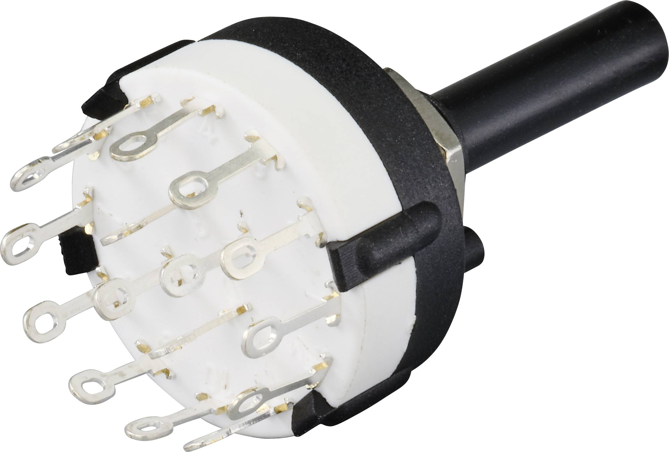 Un commutateur rotatif multipolaire avec boîtier noir et plusieurs connexions métalliques.