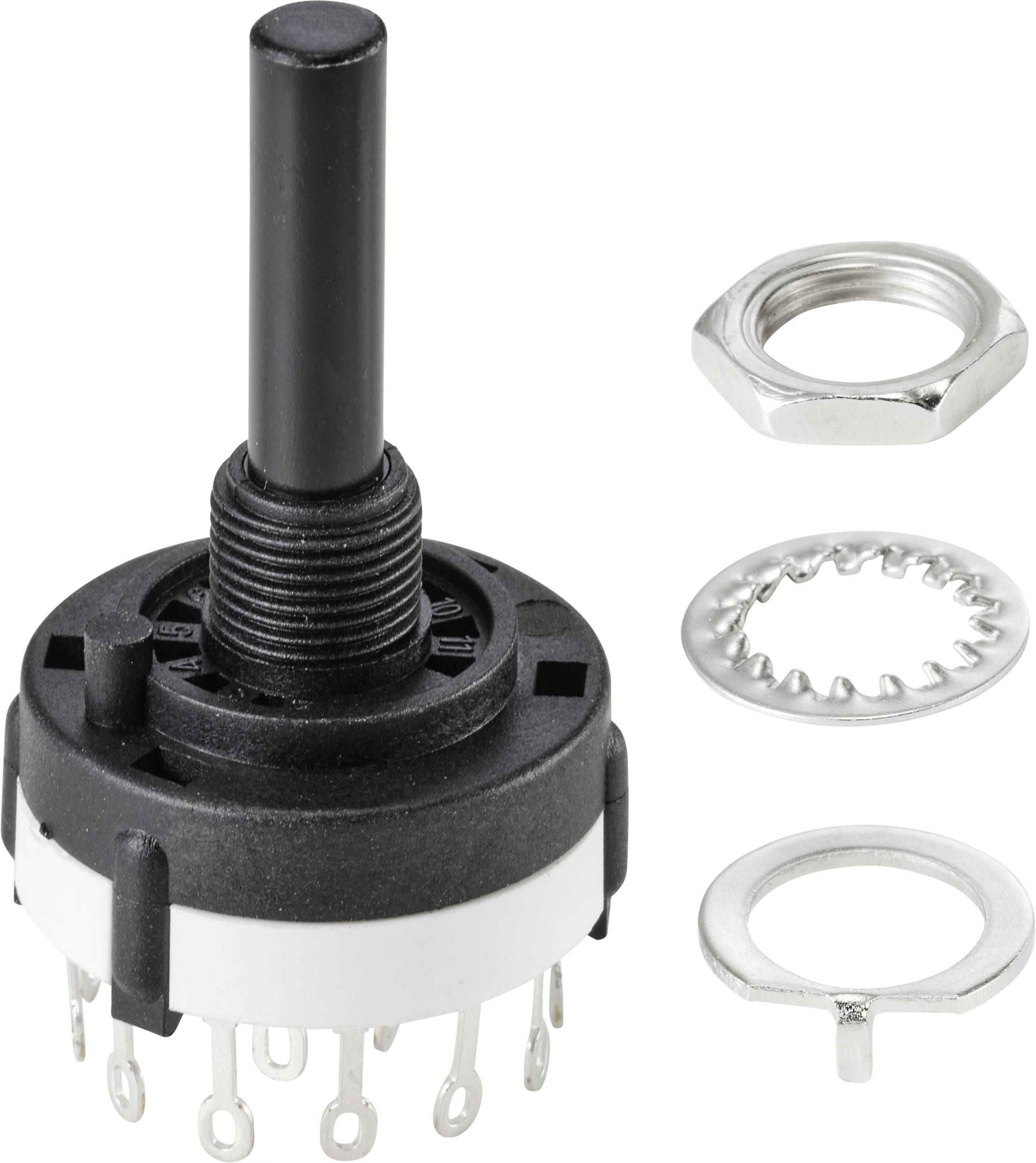 Bouton rotatif pivotant avec poignée noire, à côté d'un écrou de fixation, d'une rondelle et d'une rondelle dentée. Composant électronique pour appareils.