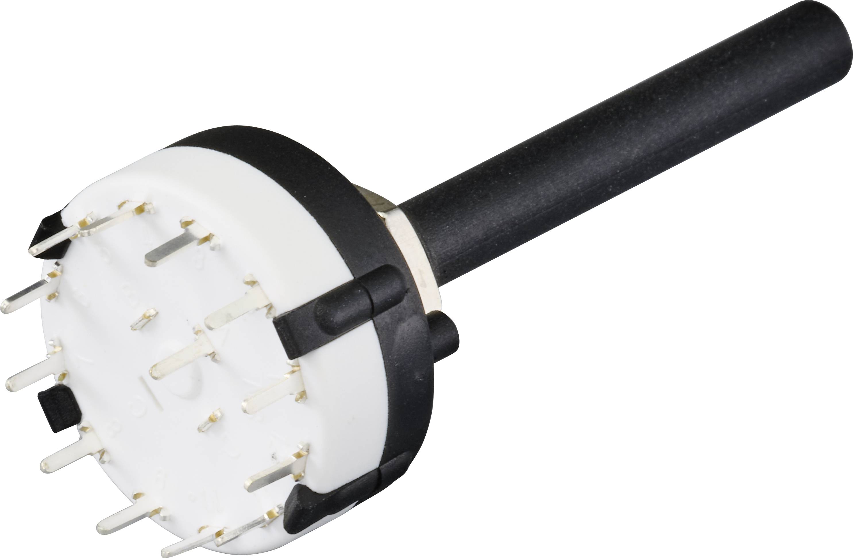 Un interrupteur électronique rotatif avec une poignée noire et plusieurs contacts métalliques sur un boîtier blanc.