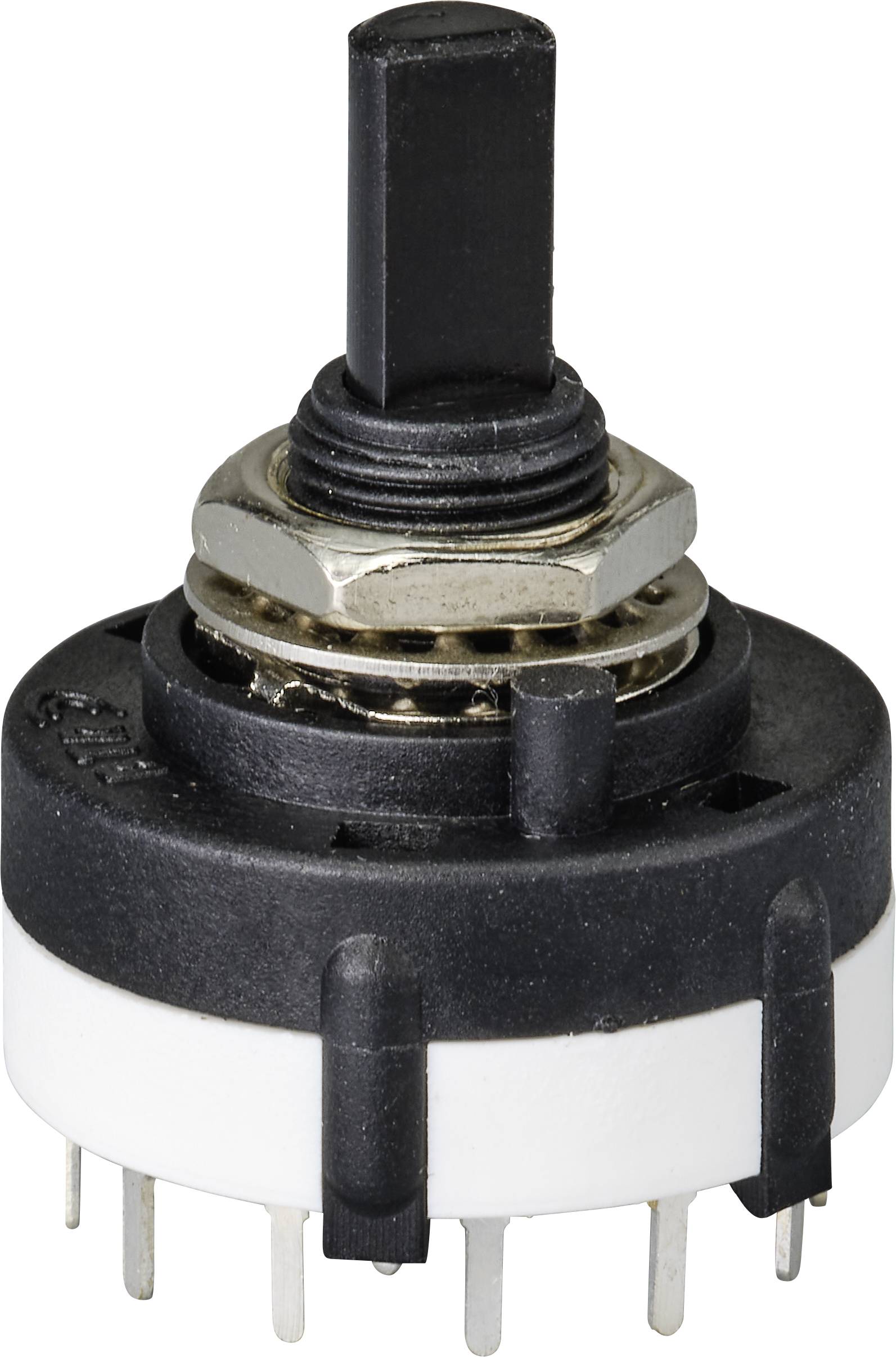 Commutateur rotatif avec levier noir et plusieurs broches métalliques à sa base, utilisé pour commander des appareils électroniques.