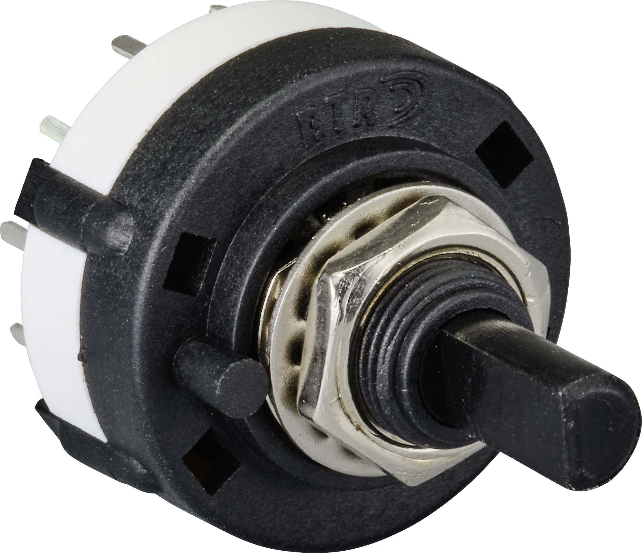 Commutateur rotatif noir avec filetage métallique et base blanche, six contacts de connexion visibles, utilisé pour le contrôle des appareils électriques.