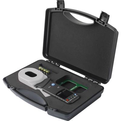 Un coffret noir en plastique ouvert contenant un appareil de mesure portable, des batteries et des accessoires, adapté pour des mesures de couleur ou de lumière.