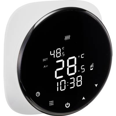 Un thermostat numérique affiche la température programmée et la température actuelle. L'affichage comprend des symboles pour le chauffage et l'heure.
