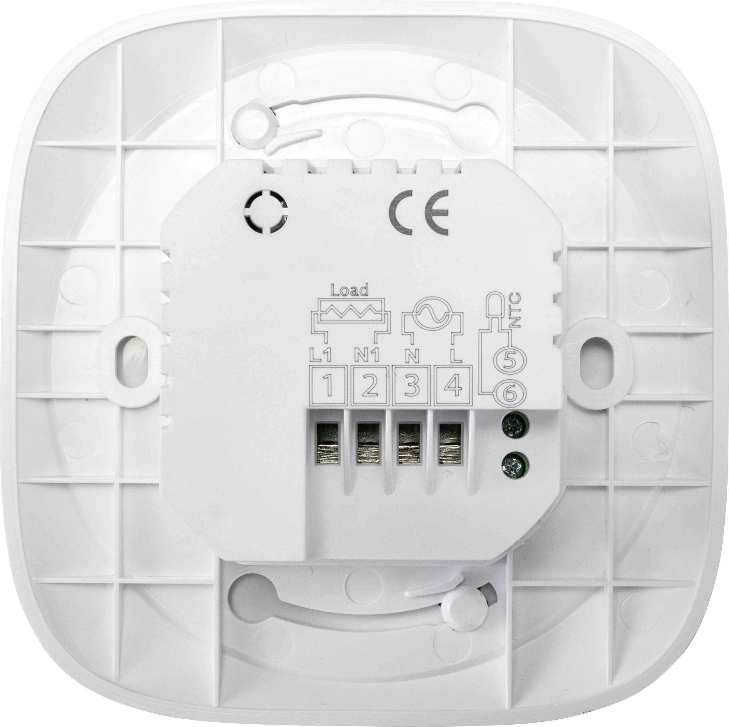 Dos d'un appareil électronique avec des connexions électriques et le marquage CE. Montre des schémas de circuit et des bornes de connexion.