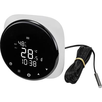 Thermostat numérique avec écran noir affichant '48°C Consigne', '28,5°C Air', et l'heure '10:38', accompagné d'un câble de capteur.