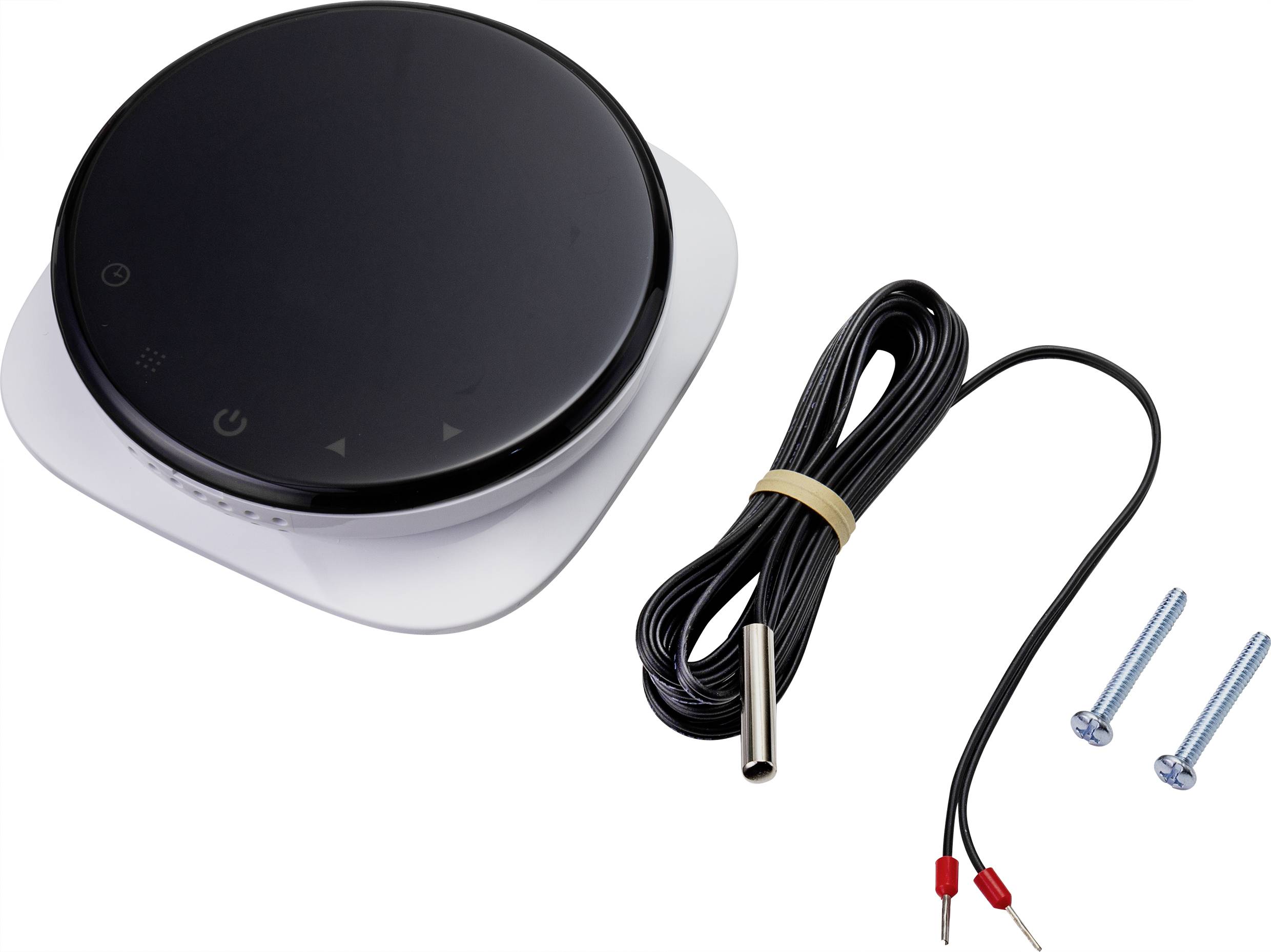 Un thermostat numérique rond avec capteur filaire et deux vis, adapté au contrôle de température dans les appareils électroménagers.