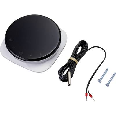 Un thermostat numérique rond avec capteur filaire et deux vis, adapté au contrôle de température dans les appareils électroménagers.