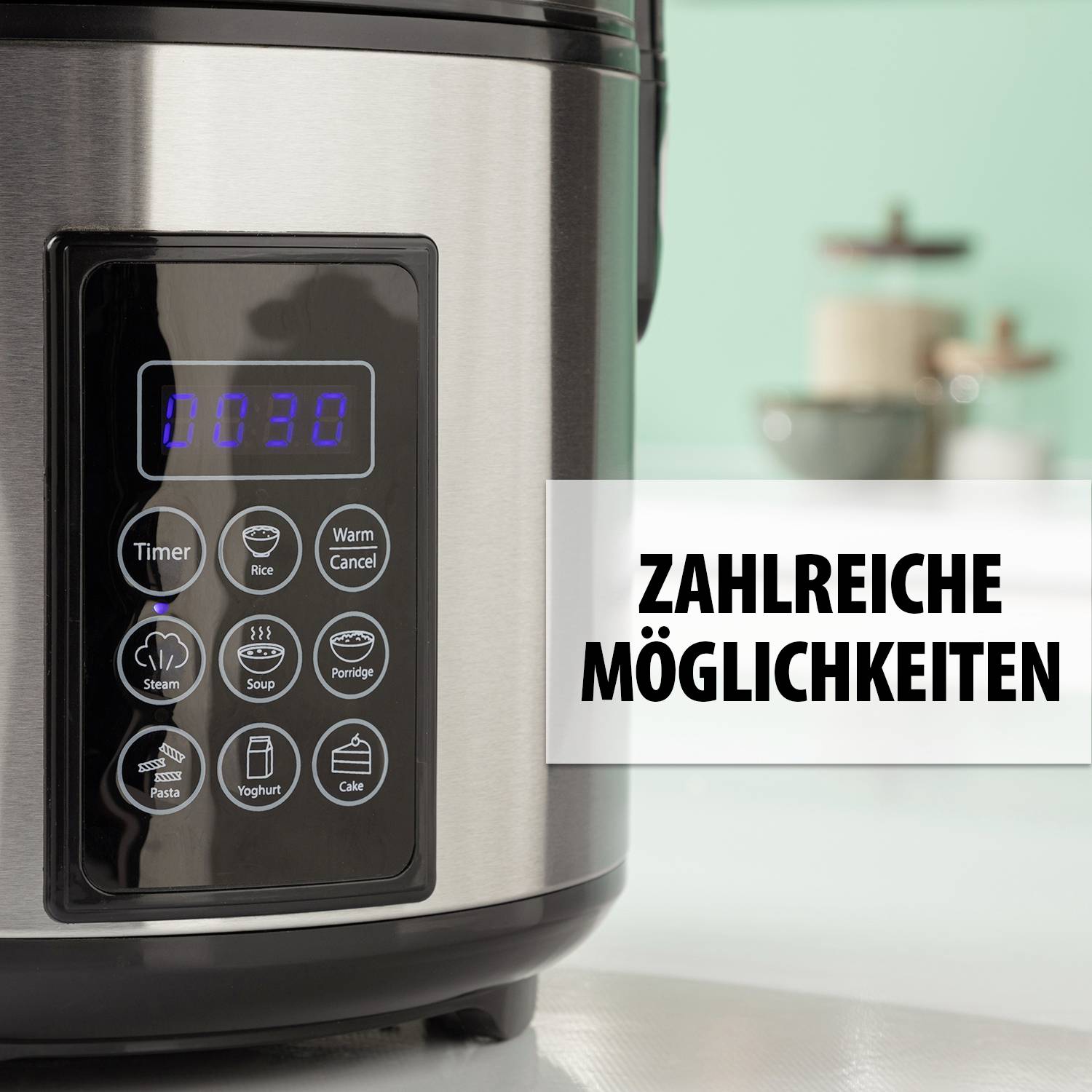 Un autocuiseur électrique avec un affichage numérique et des touches pour différents modes de cuisson ; texte 'De nombreuses possibilités' à côté.