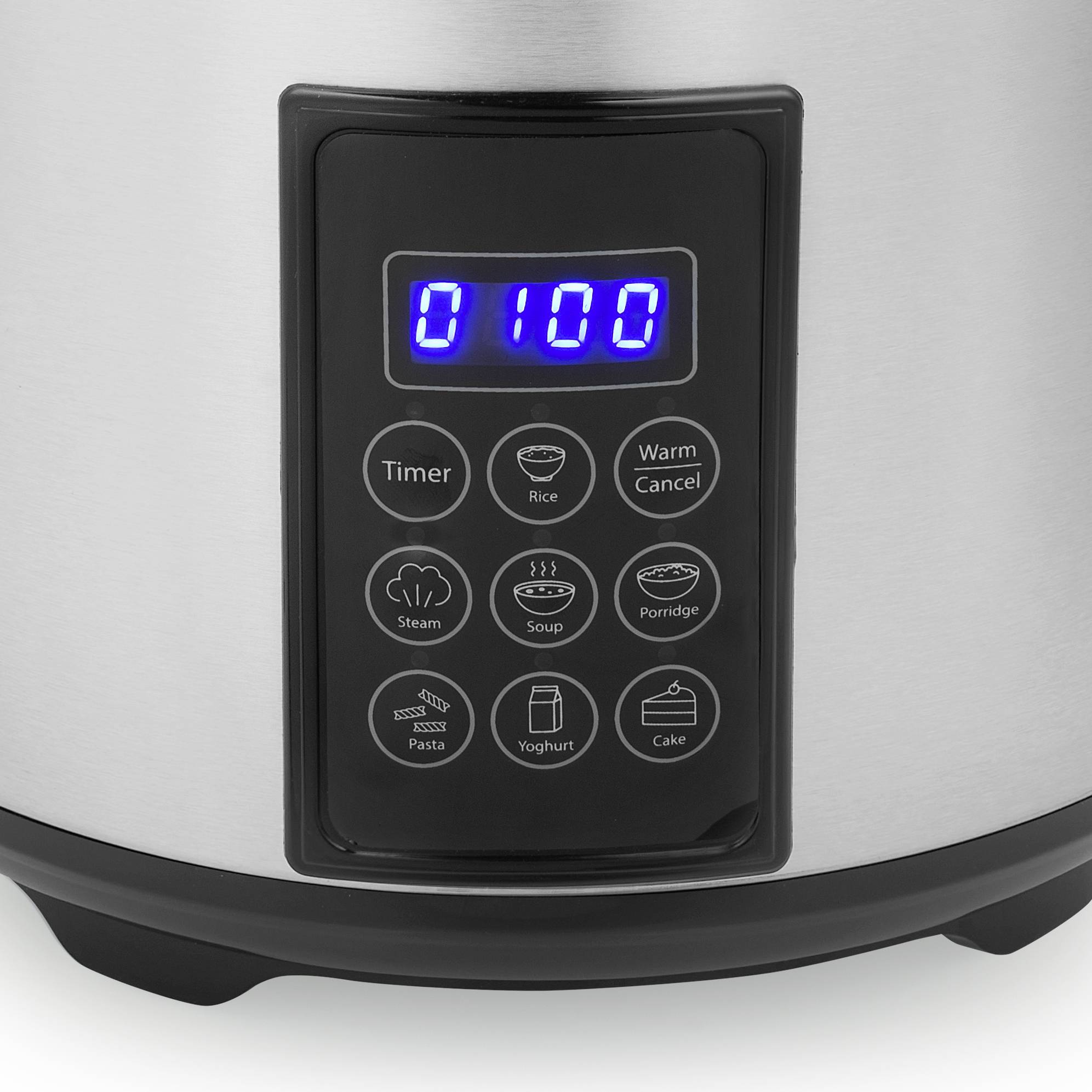 Affichage numérique sur un appareil de cuisine indiquant '01:00'. Touches pour minuterie, riz, maintien au chaud, vapeur, soupe, bouillie, pâtes, yaourt et gâteau.