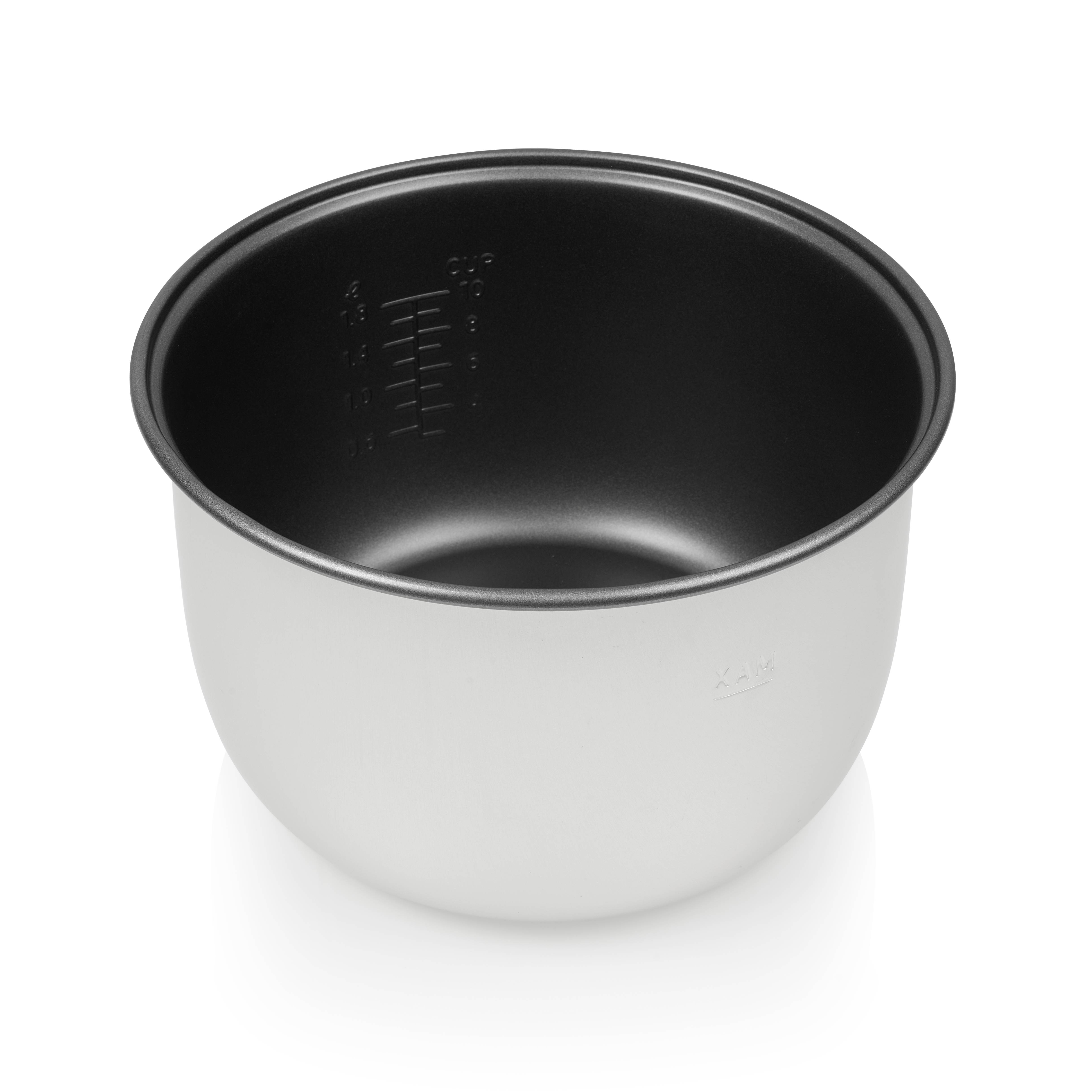 Un pot de cuisson blanc avec un intérieur noir et une échelle de mesure sur la paroi intérieure. Adapté pour les cuiseurs à riz.