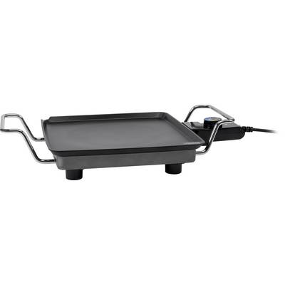 Plaque de grill noire avec poignées en métal et régulation électrique de la température sur le côté. Parfaite pour la préparation des aliments directement à table.