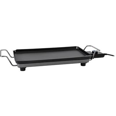 Plaque de grill électrique avec poignées noires et câble d'alimentation. Surface de cuisson plate et rectangulaire, adaptée pour griller à l'intérieur.