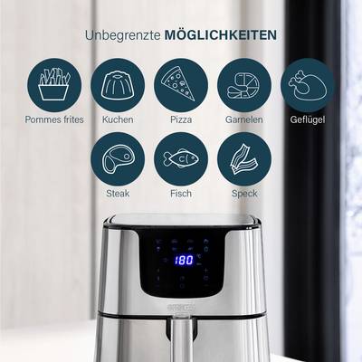 Une friteuse à air chaud avec affichage numérique ; les icônes en haut montrent différentes options de cuisson : frites, gâteau, pizza, crevettes, volaille, steak, poisson, bacon.
