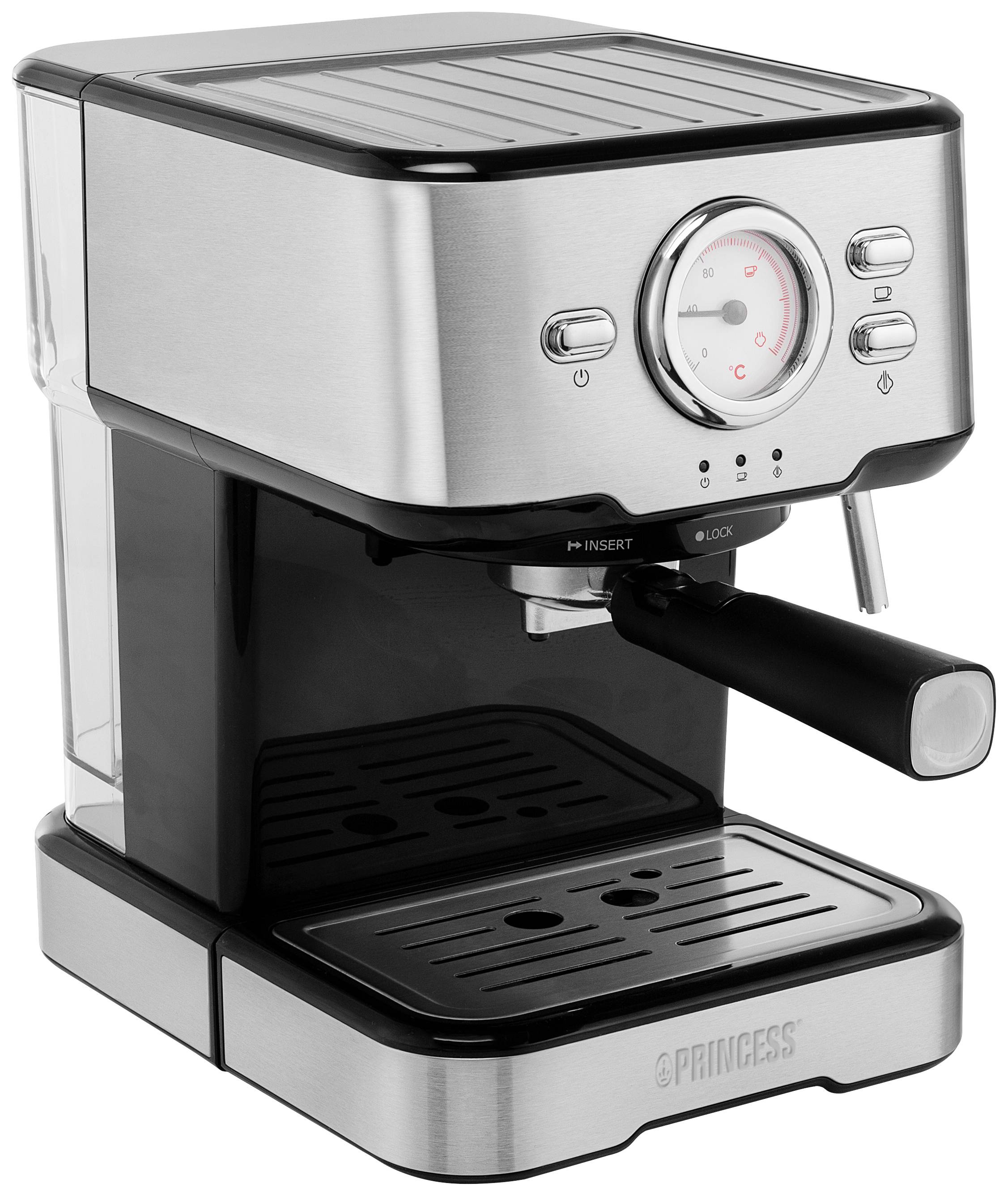 Machine à espresso en acier inoxydable avec buse à vapeur, manomètre et plateau égouttoir. Design rétro, adaptée à la cuisine ou au bureau.
