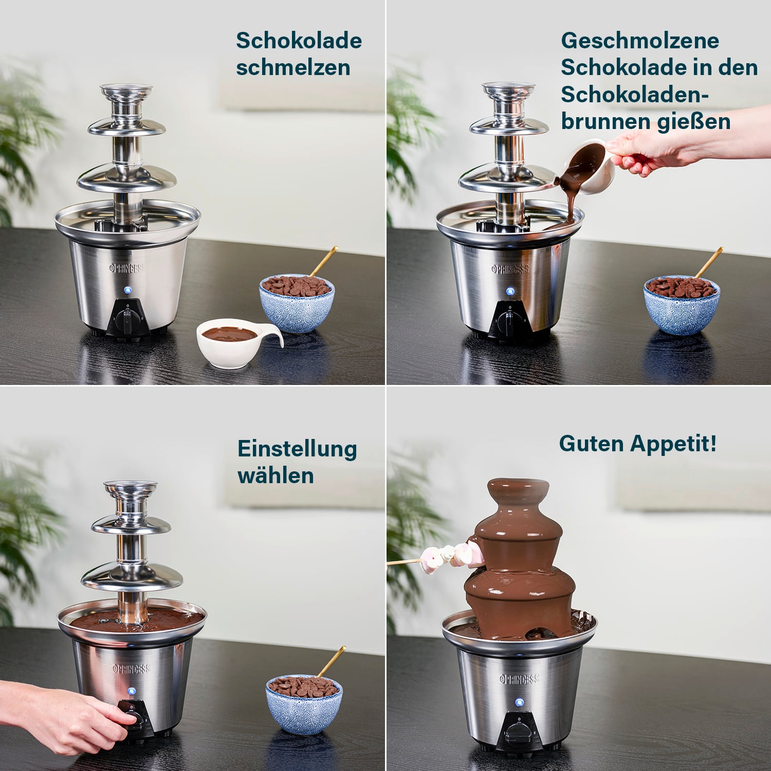 'Fontaine de chocolat étape par étape : faire fondre le chocolat, verser dans la fontaine, choisir le réglage, et profiter !'