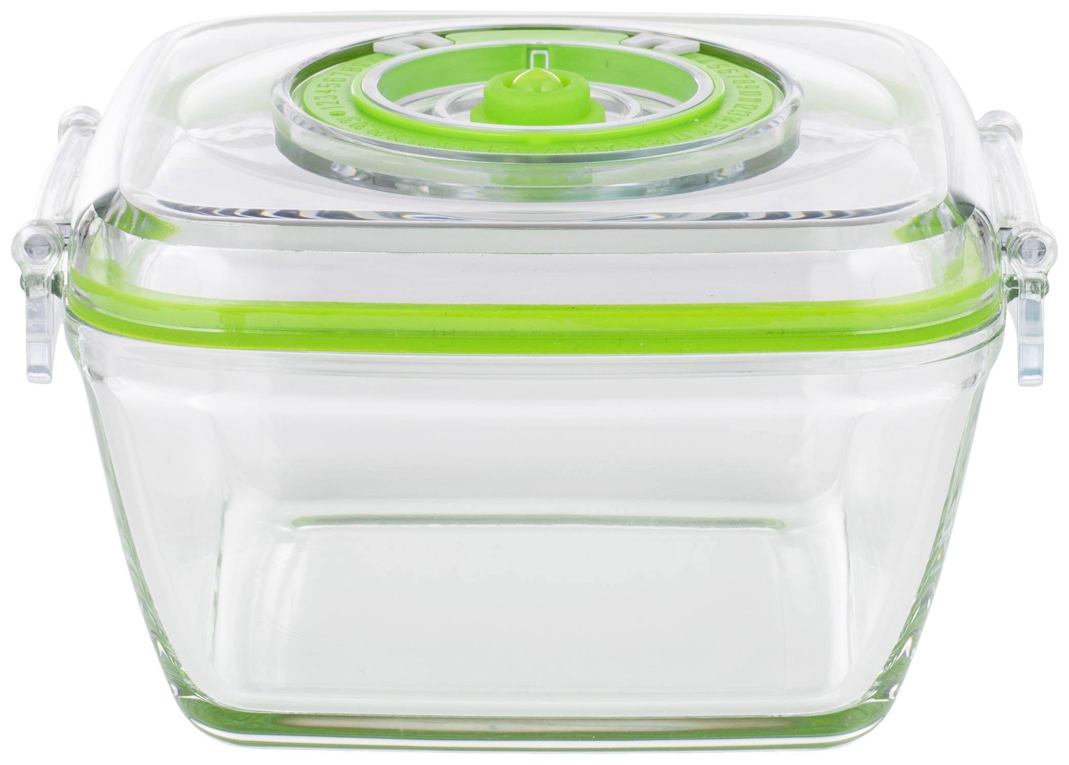 Un conteneur de rangement carré transparent avec un mécanisme de fermeture vert sur le couvercle.