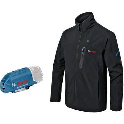 Veste noire avec logo Bosch et batterie USB, adaptée aux applications professionnelles et équipée d'éléments chauffants.