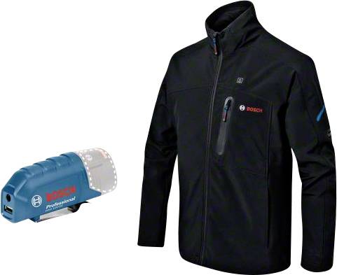 Veste professionnelle Bosch noire avec logo sur la poitrine, à côté d'un accessoire d'outil Bosch, bleuâtre, avec port USB.