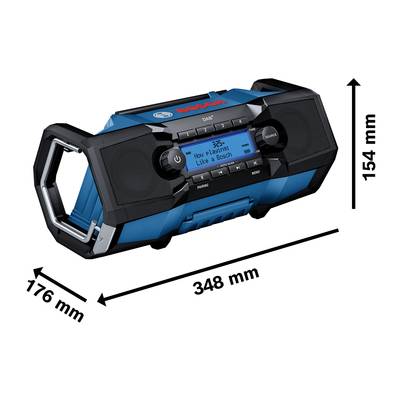 Radio portable noir et bleu avec récepteur DAB+ et écran LCD. Dimensions : 348 mm de large, 176 mm de profondeur, 154 mm de hauteur.