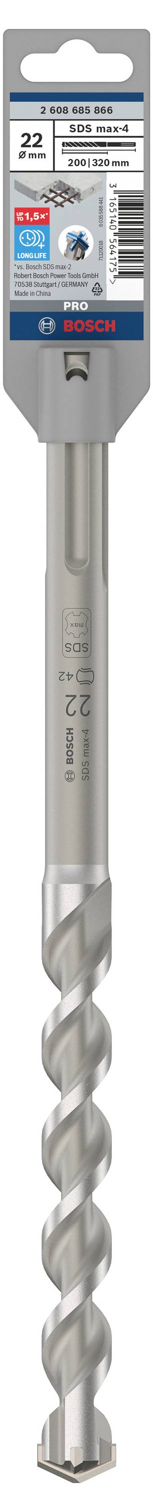 Foret Bosch SDS plus-5X, 8 x 200 mm. Conçu pour un perçage précis dans le béton. Le détail de l'emballage montre le code-barres et d'autres spécifications.