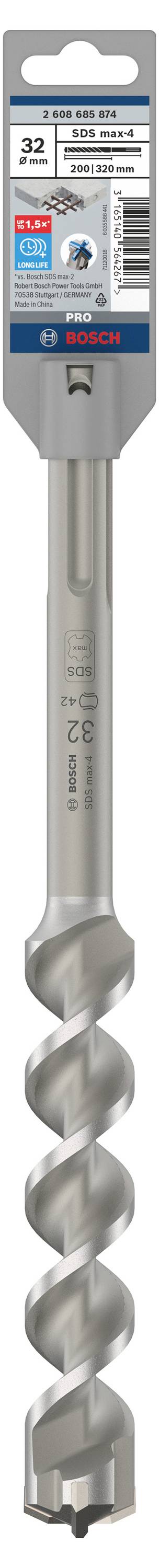 Foret à quatre tranchants, diamètre 32 mm, SDS-max, adapté au béton, logo de marque et informations produit sur l'emballage.