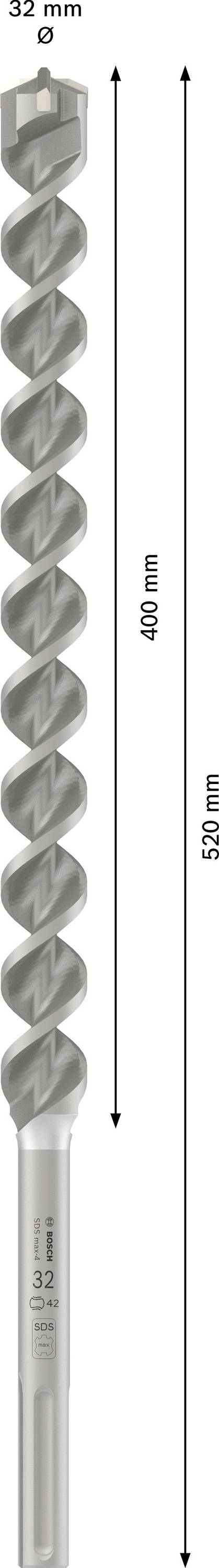 Image d'un foret gris, 32 mm de diamètre, 450 mm de longueur totale, 400 mm de longueur utile, avec un design spiralé.